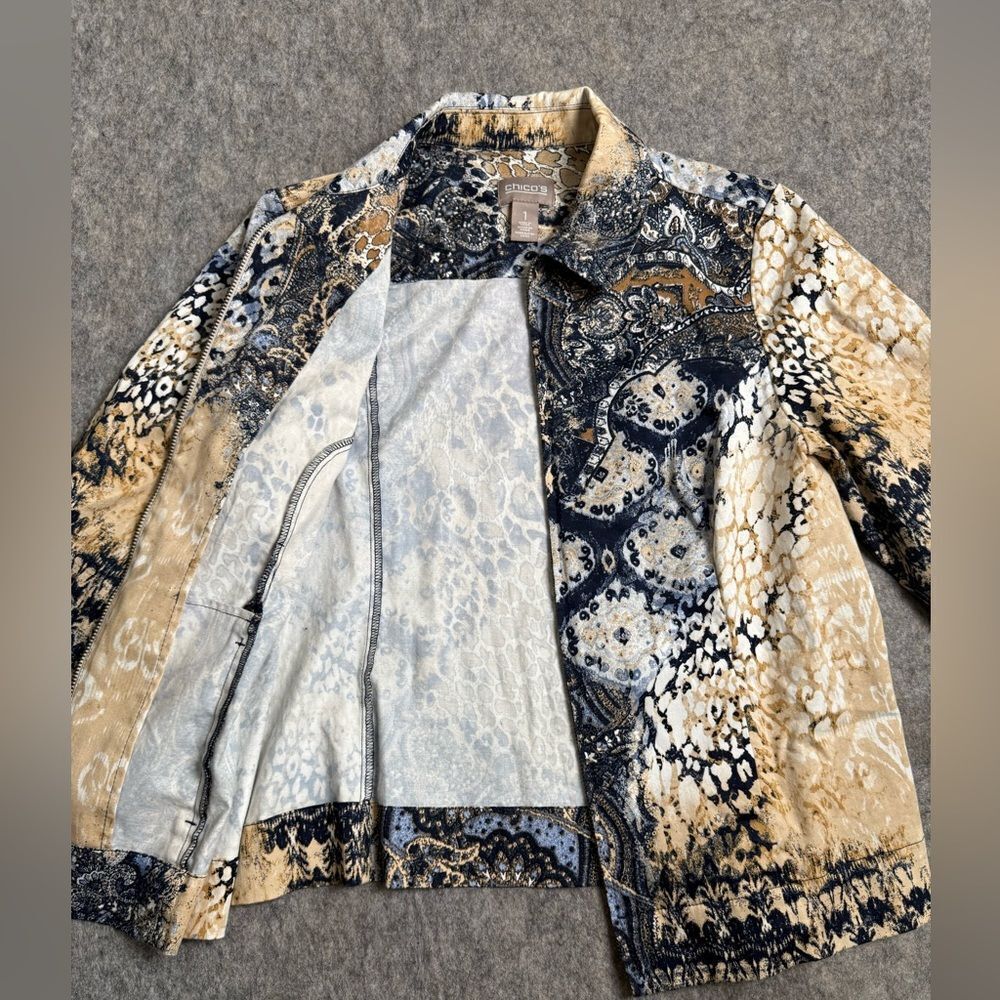 Chico's‎ Jacket Women's 1 Beige Black Printed Cotton Stretch Collared Full Zip - Picture 4 of 9